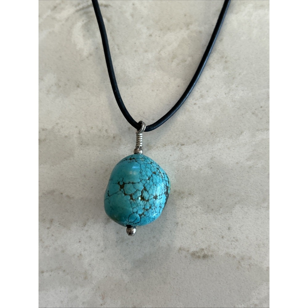 Natural Turquoise Nugget Pendant Necklace Leather Cord Boho Southwest Jewelry